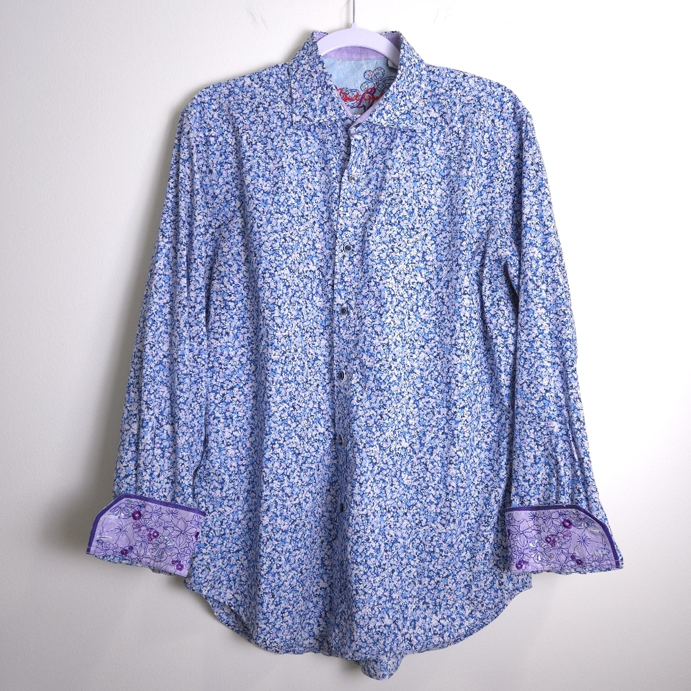 Rober Graham Blue Ditsy‎ Floral Abstract Embroidered Classic Fit Shirt M